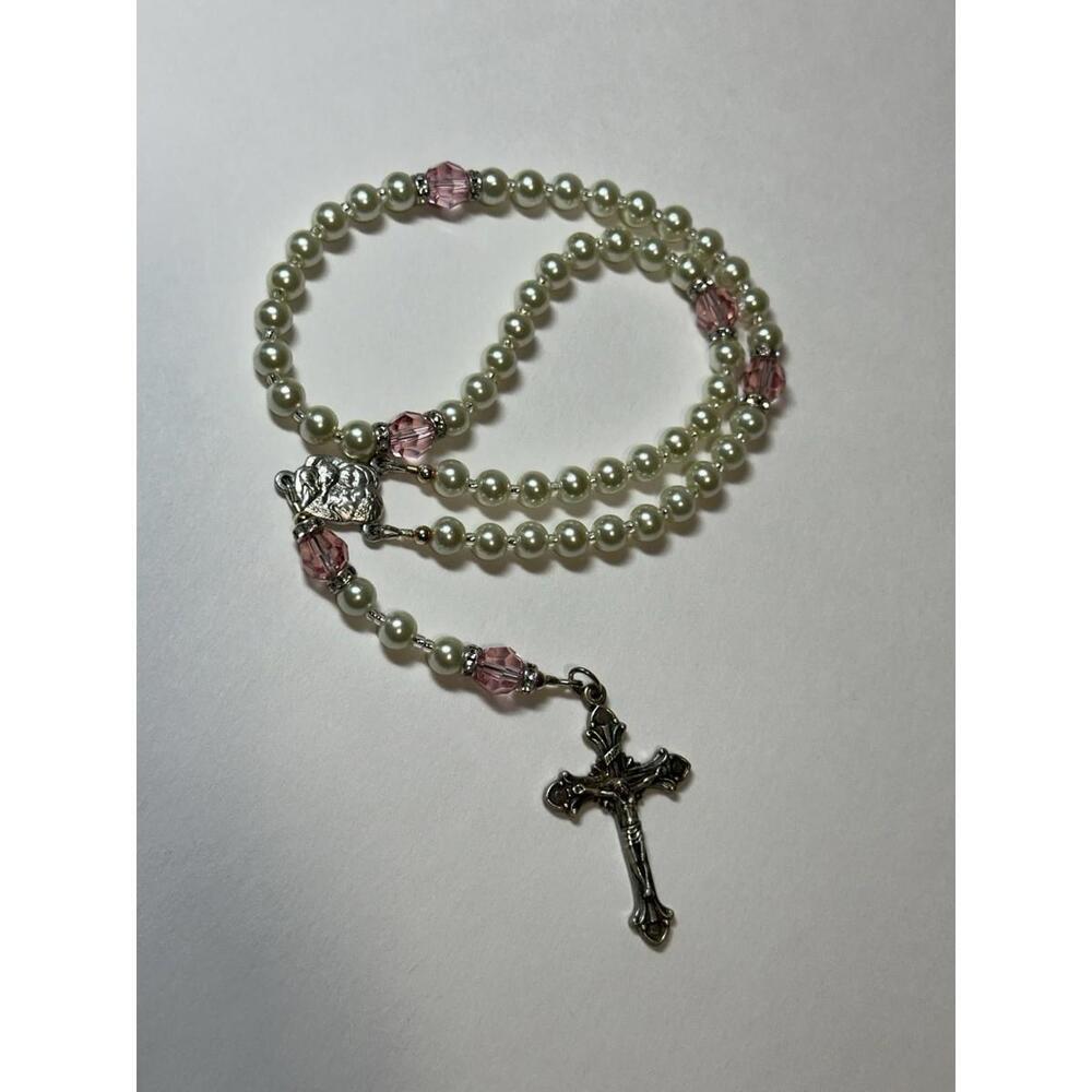 Catholic Rosary Glass Pearl Bead W Swarovski Rhinestones 12” Italy Baby Girl